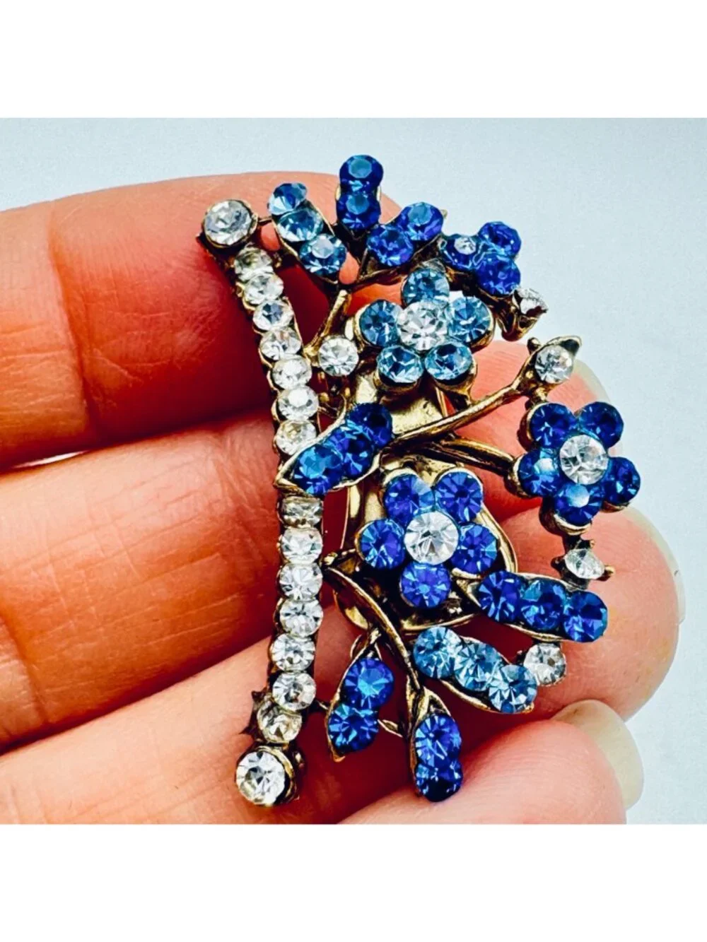 Vintage DeMario Blue Glass Floral Earrings Clip Climber Forget Me Not